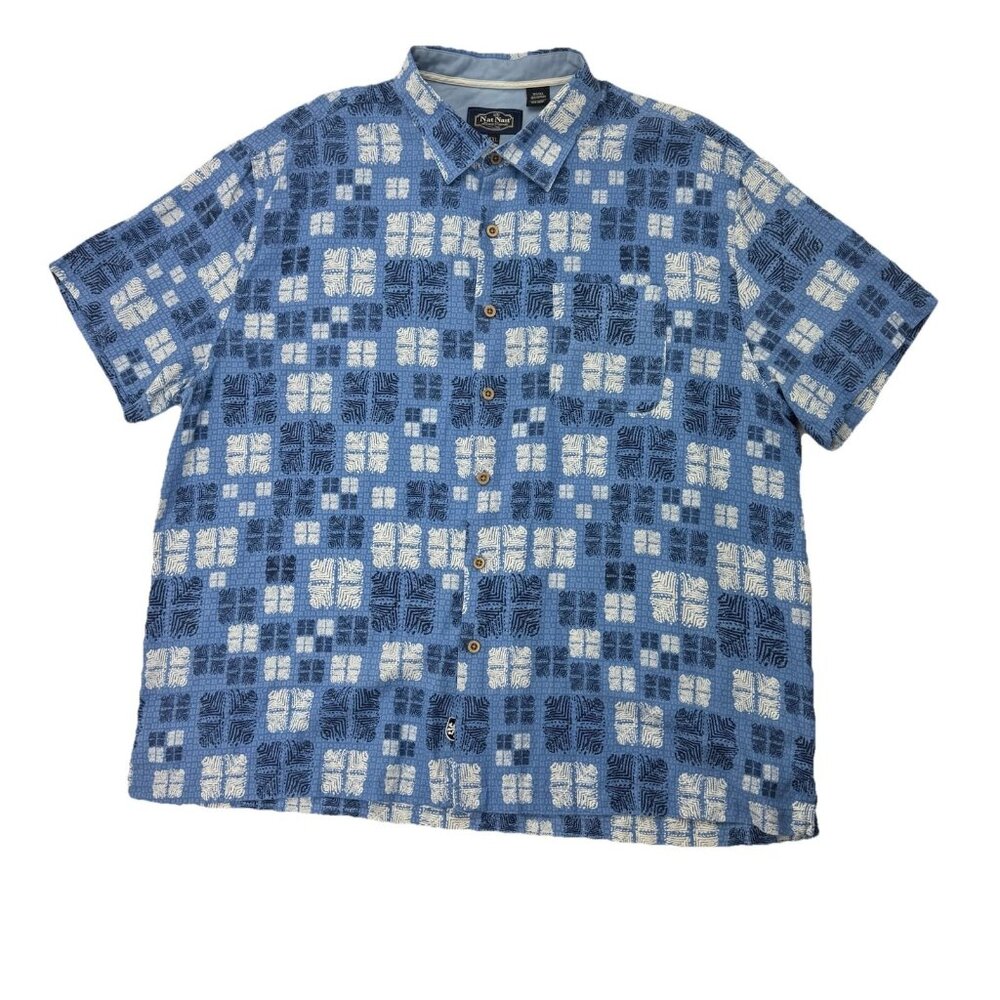 Nat Nast Mens XXL Blue White Silk Blend Geometric Short Sleeve Button Up Shirt
